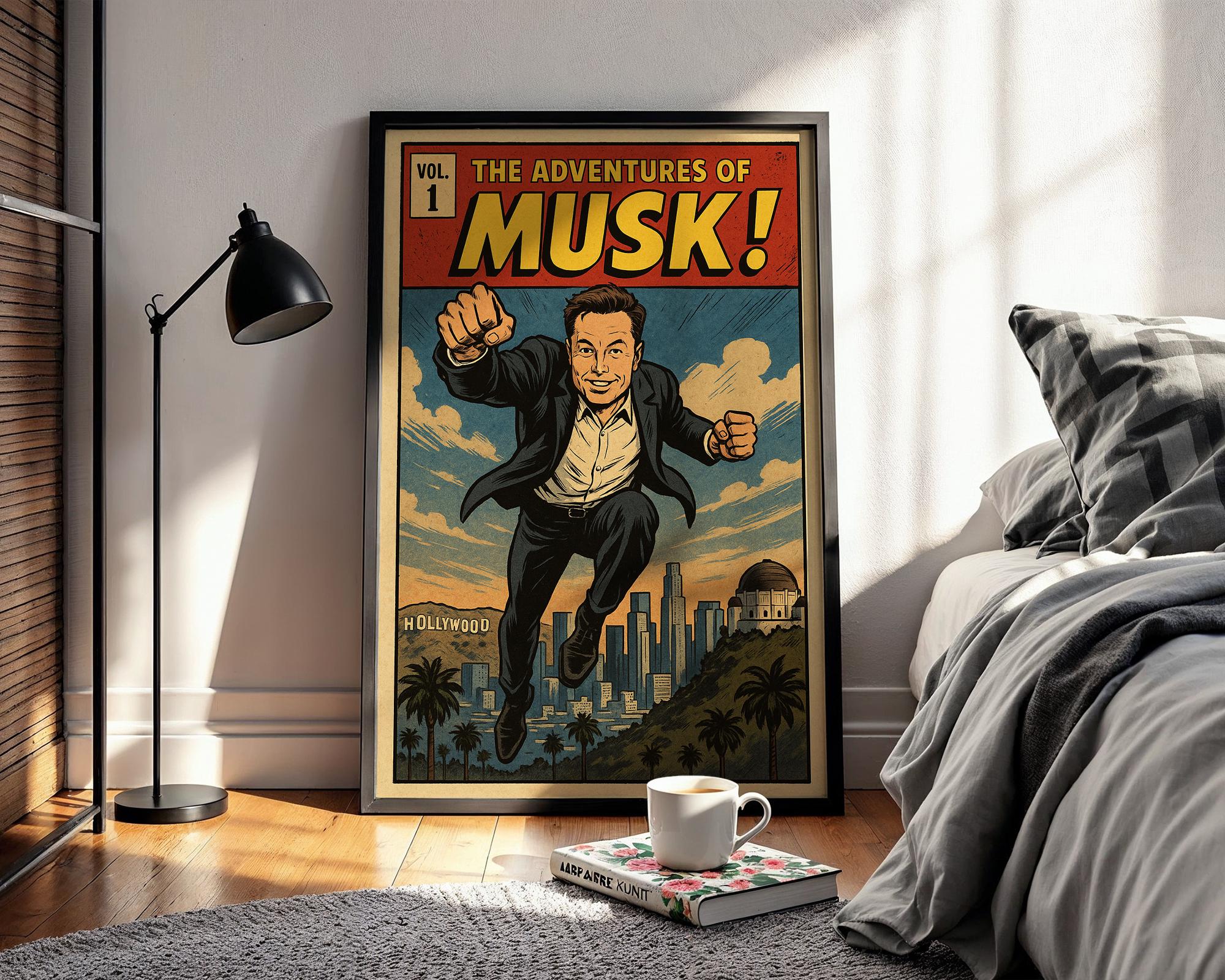 Musk Comic Poster – Elon Musk Superhero Parody Print, Retro Comic Wall Art for Fans of Tech & Pop Culture - Just Great Posters