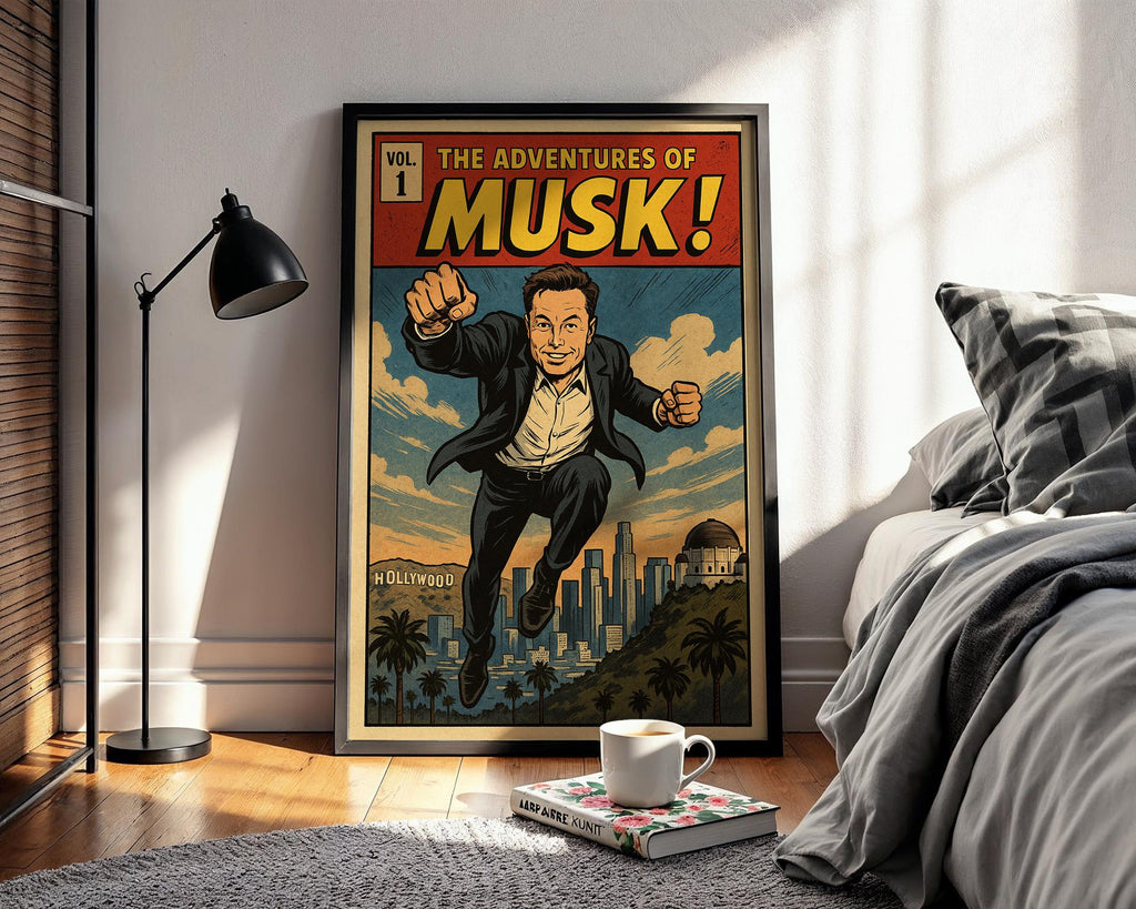 Musk Comic Poster – Elon Musk Superhero Parody Print, Retro Comic Wall Art for Fans of Tech & Pop Culture - Just Great Posters
