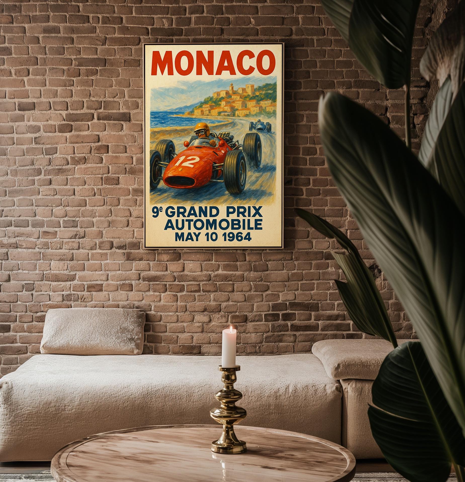 Monaco Grand Prix 1964 Poster – Retro Formula 1 Racing Art Print, Vintage Motorsport Wall Decor with Classic Race Car and Coastline - Just Great Posters
