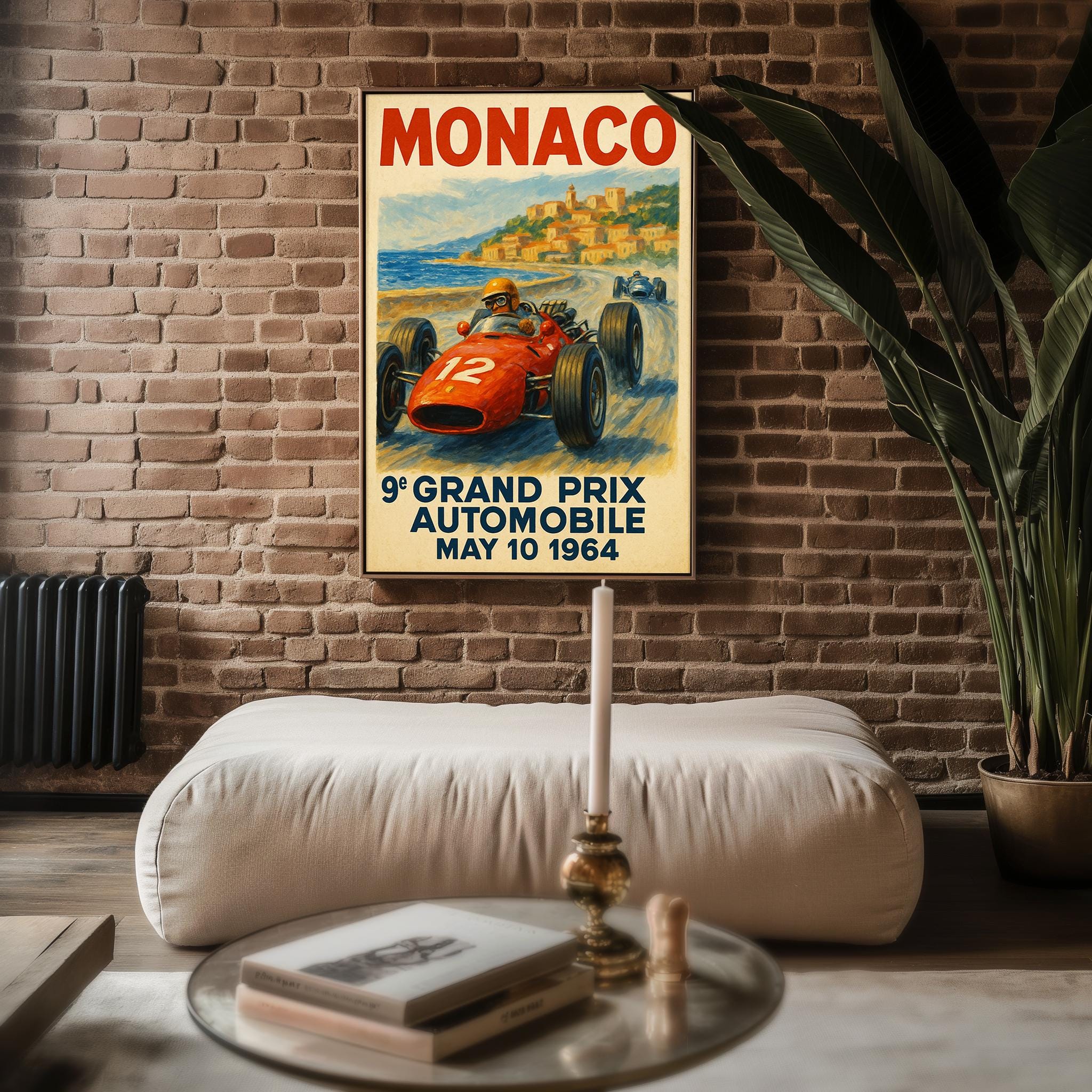 Monaco Grand Prix 1964 Poster – Retro Formula 1 Racing Art Print, Vintage Motorsport Wall Decor with Classic Race Car and Coastline - Just Great Posters