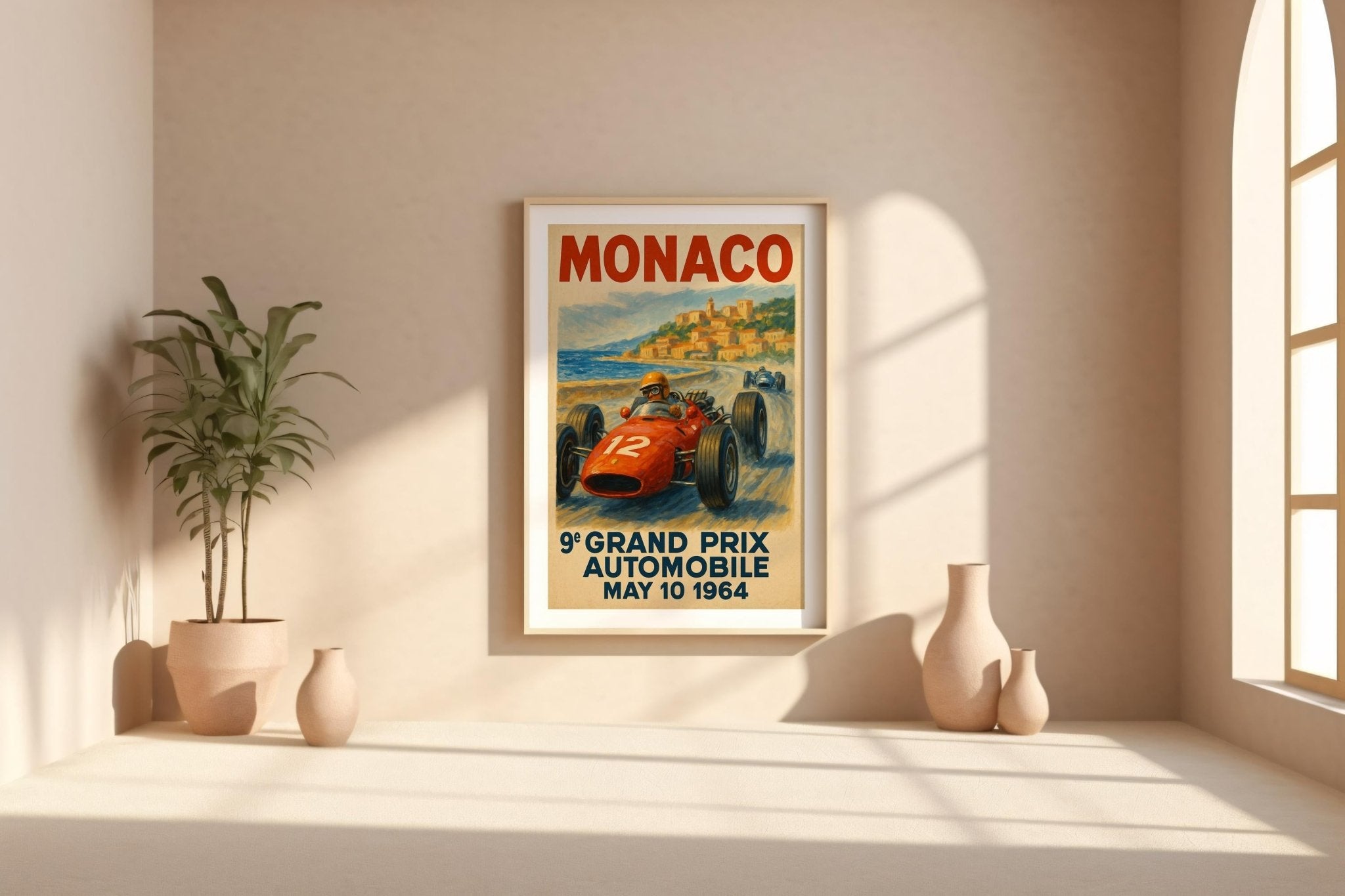 Monaco Grand Prix 1964 Poster – Retro Formula 1 Racing Art Print, Vintage Motorsport Wall Decor with Classic Race Car and Coastline - Just Great Posters
