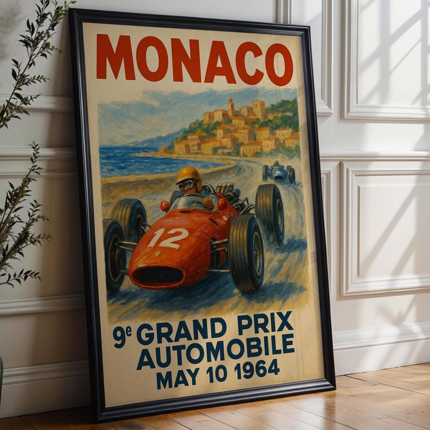 Monaco Grand Prix 1964 Poster – Retro Formula 1 Racing Art Print, Vintage Motorsport Wall Decor with Classic Race Car and Coastline - Just Great Posters