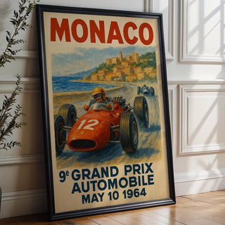 Monaco Grand Prix 1964 Poster – Retro Formula 1 Racing Art Print, Vintage Motorsport Wall Decor with Classic Race Car and Coastline - Just Great Posters