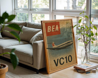 Vintage BEA VC10 Airplane Poster – Retro British Aircraft Wall Art, Aviation Collectible Print with Red Tail, 1960s Jet Nostalgia - Just Great Posters