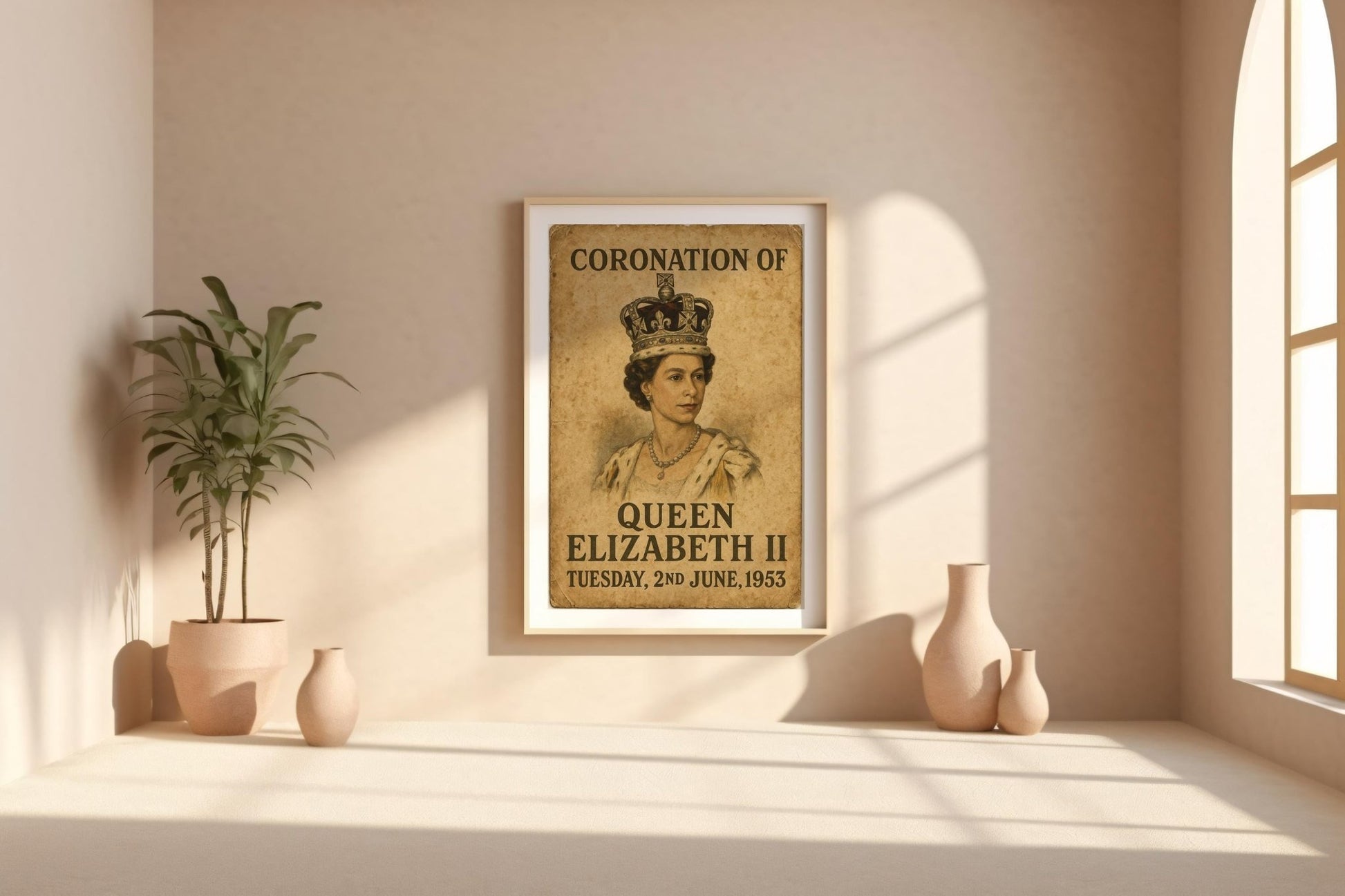 Queen Elizabeth II Coronation Poster – Vintage 1953 Royal Wall Art, Historic UK Print with Crown Portrait, British Monarchy Decor - Just Great Posters