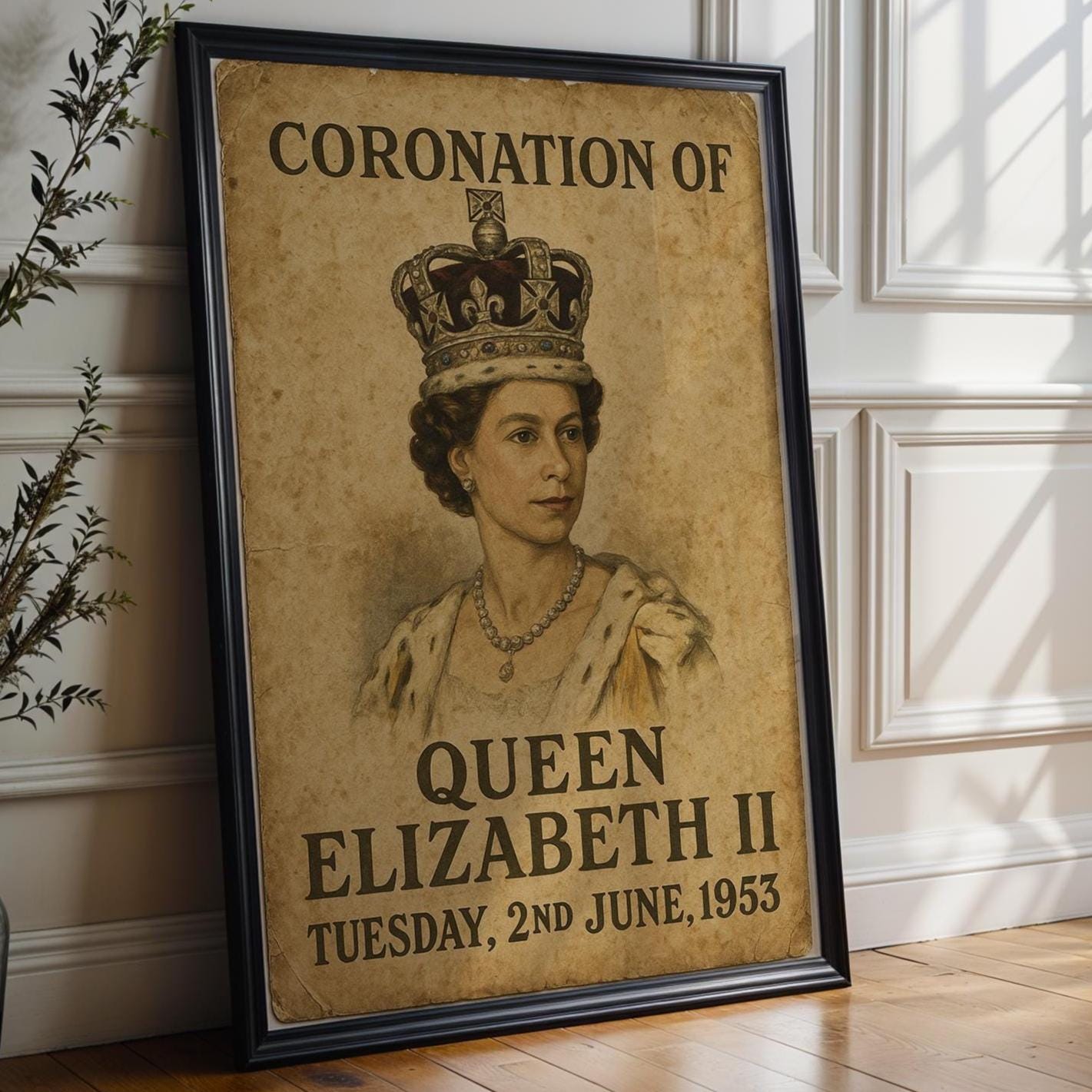 Queen Elizabeth II Coronation Poster – Vintage 1953 Royal Wall Art, Historic UK Print with Crown Portrait, British Monarchy Decor - Just Great Posters