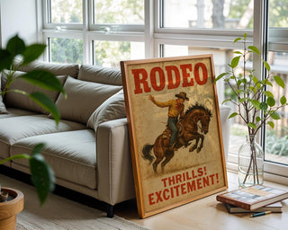 Rodeo Vintage Poster – Western Cowboy Wall Art with Bucking Bronco, “Thrills! Excitement!” Print for Rustic or Country Home Decor - Just Great Posters