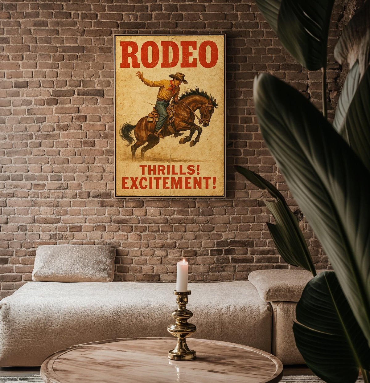 Rodeo Vintage Poster – Western Cowboy Wall Art with Bucking Bronco, “Thrills! Excitement!” Print for Rustic or Country Home Decor - Just Great Posters