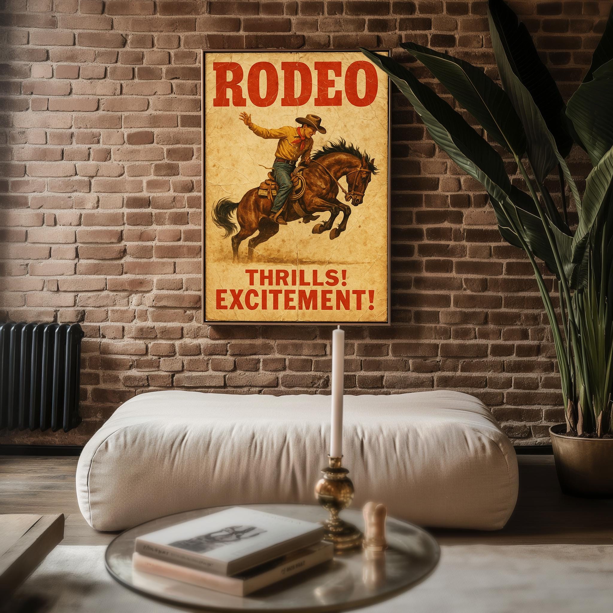 Rodeo Vintage Poster – Western Cowboy Wall Art with Bucking Bronco, “Thrills! Excitement!” Print for Rustic or Country Home Decor - Just Great Posters