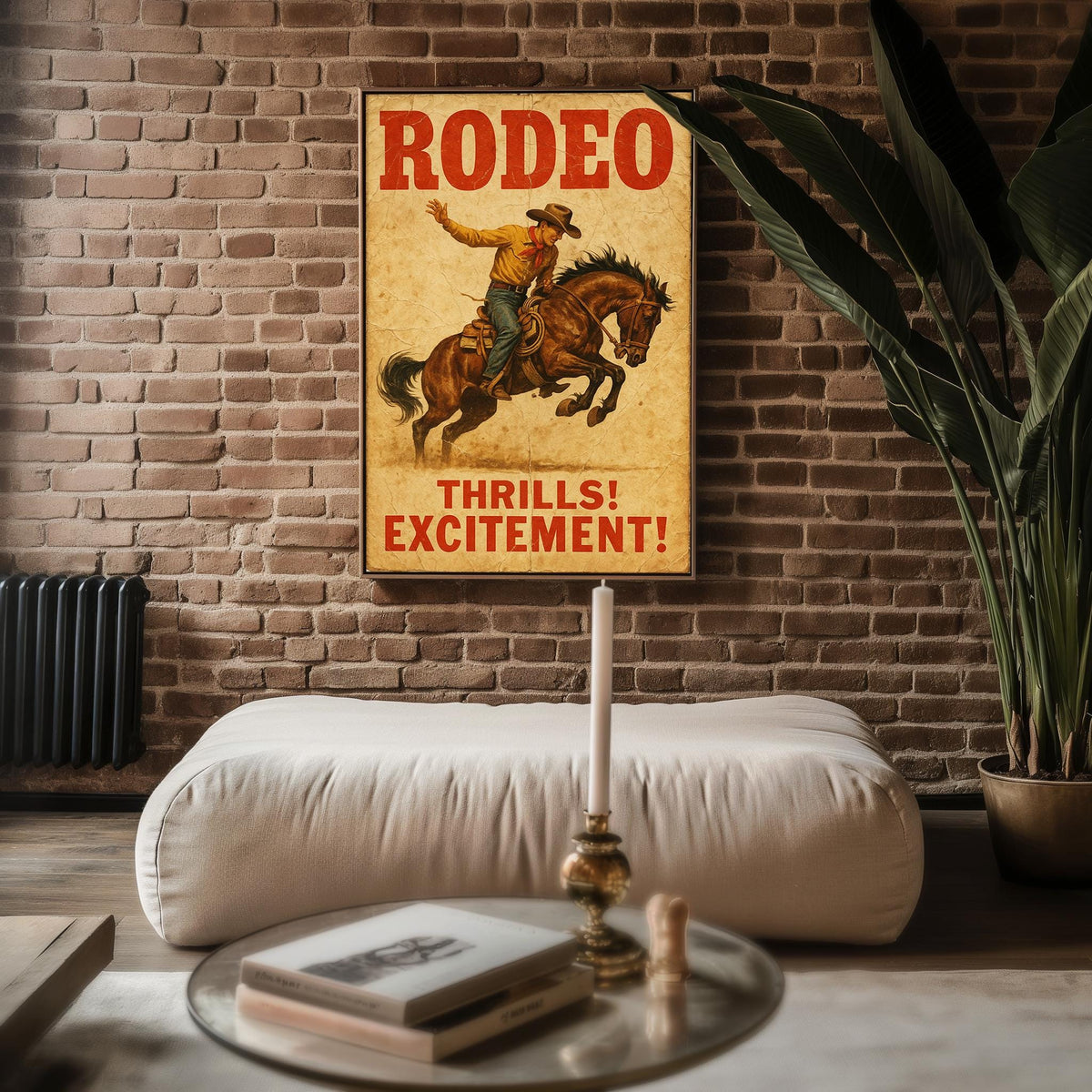 Rodeo Vintage Poster – Western Cowboy Wall Art with Bucking Bronco, “Thrills! Excitement!” Print for Rustic or Country Home Decor - Just Great Posters