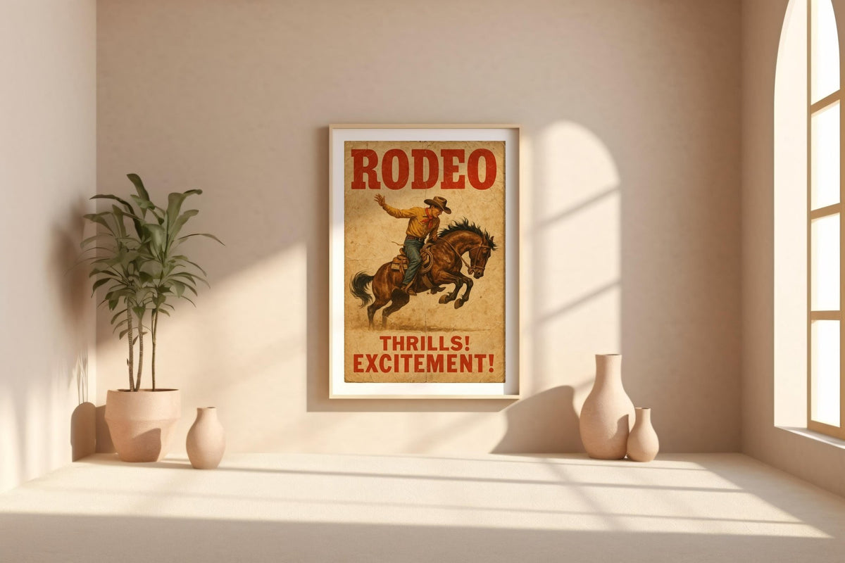 Rodeo Vintage Poster – Western Cowboy Wall Art with Bucking Bronco, “Thrills! Excitement!” Print for Rustic or Country Home Decor - Just Great Posters