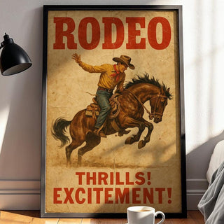 Rodeo Vintage Poster – Western Cowboy Wall Art with Bucking Bronco, “Thrills! Excitement!” Print for Rustic or Country Home Decor - Just Great Posters