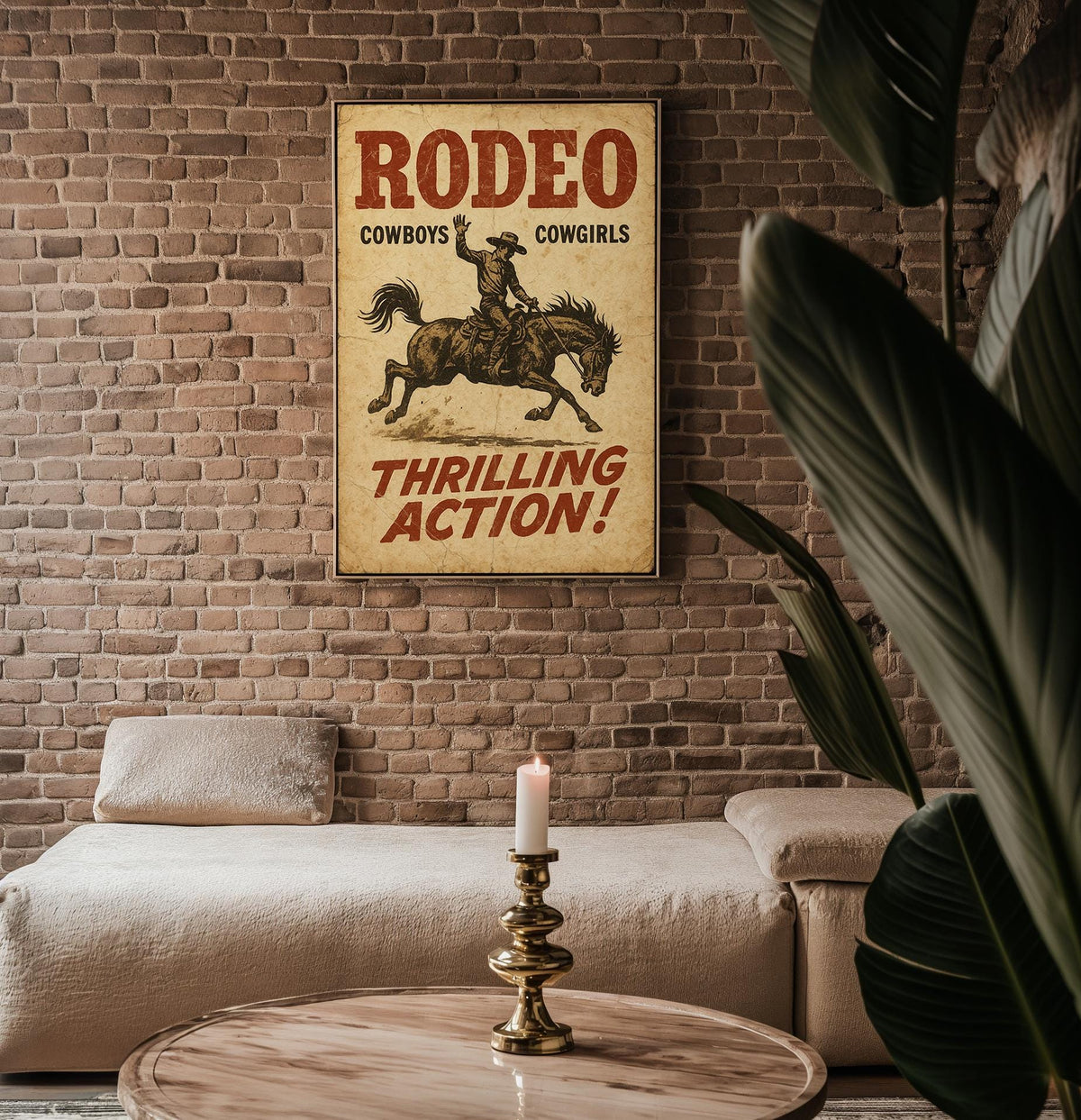 Cowboy Rodeo Poster – “Thrilling Action!” Western Vintage Print with Horse Rider, Rustic Wild West Wall Art for Rodeo or Ranch Decor - Just Great Posters
