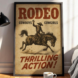 Cowboy Rodeo Poster – “Thrilling Action!” Western Vintage Print with Horse Rider, Rustic Wild West Wall Art for Rodeo or Ranch Decor - Just Great Posters