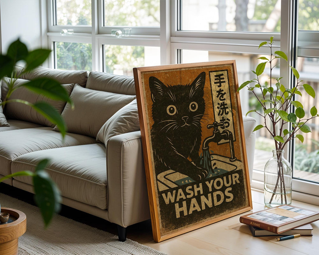 Wash Your Hands Cat Poster – Vintage Japanese Style Hygiene Wall Art, Retro Handwashing Print for Bathroom or Cat Lover Gift - Just Great Posters