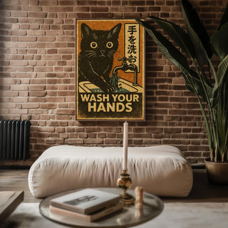 Wash Your Hands Cat Poster – Vintage Japanese Style Hygiene Wall Art, Retro Handwashing Print for Bathroom or Cat Lover Gift - Just Great Posters