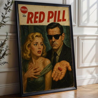Red Pill Vintage Poster – Retro Pulp Fiction Sci - Fi Wall Art, Dramatic Thriller Book Cover Style Print, 1950s Sci - Fi Noir Decor - Just Great Posters