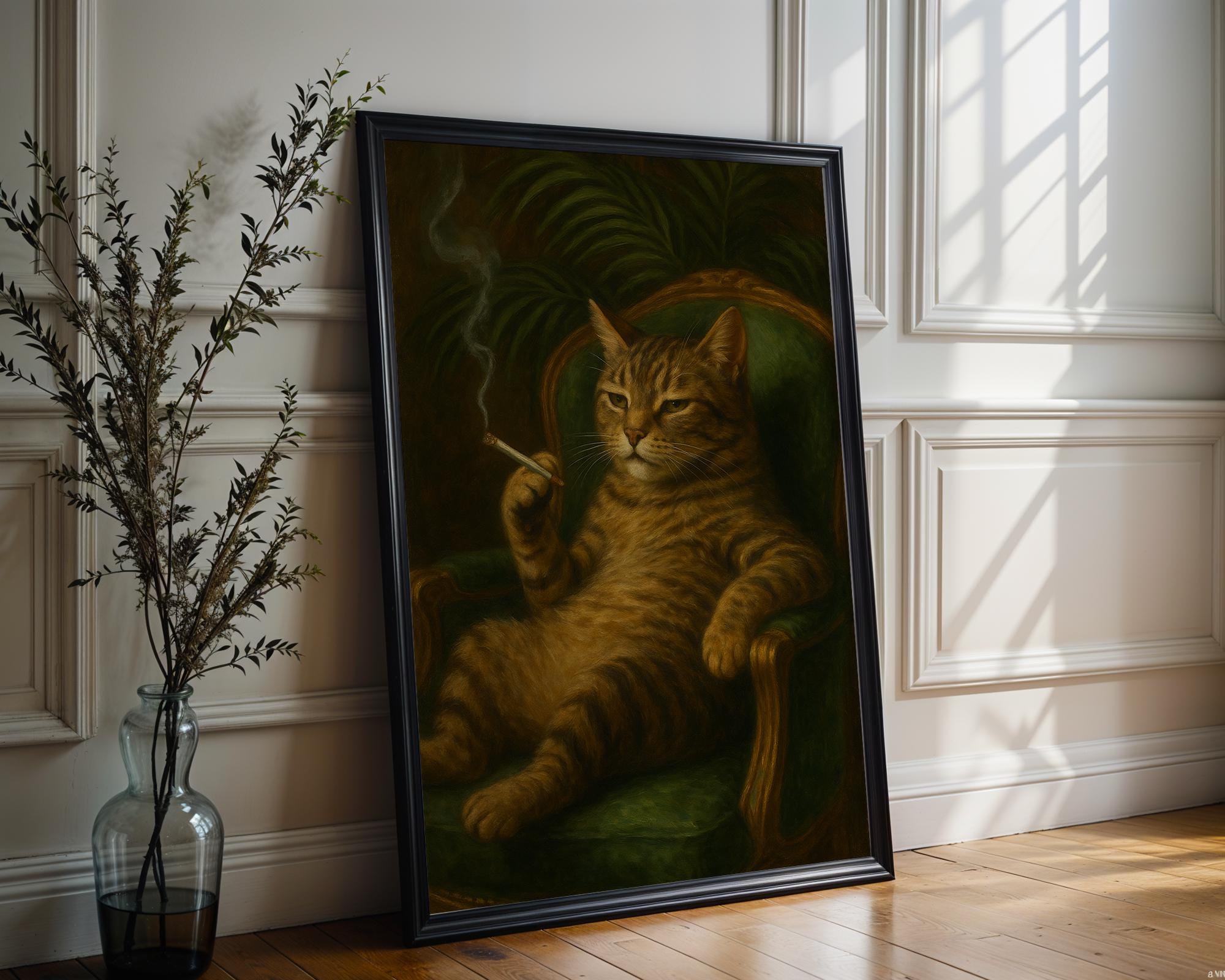 Smoking Cat in Armchair Poster – Retro Lounge Cool Cat Wall Art, Funny Vintage Feline Print for Bar, Office, or Laid - Back Decor - Just Great Posters