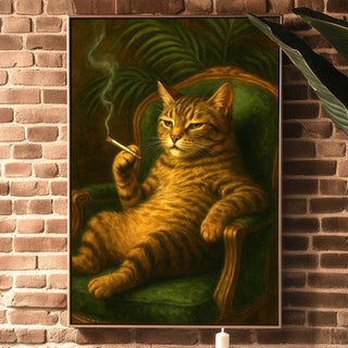 Smoking Cat in Armchair Poster – Retro Lounge Cool Cat Wall Art, Funny Vintage Feline Print for Bar, Office, or Laid - Back Decor - Just Great Posters