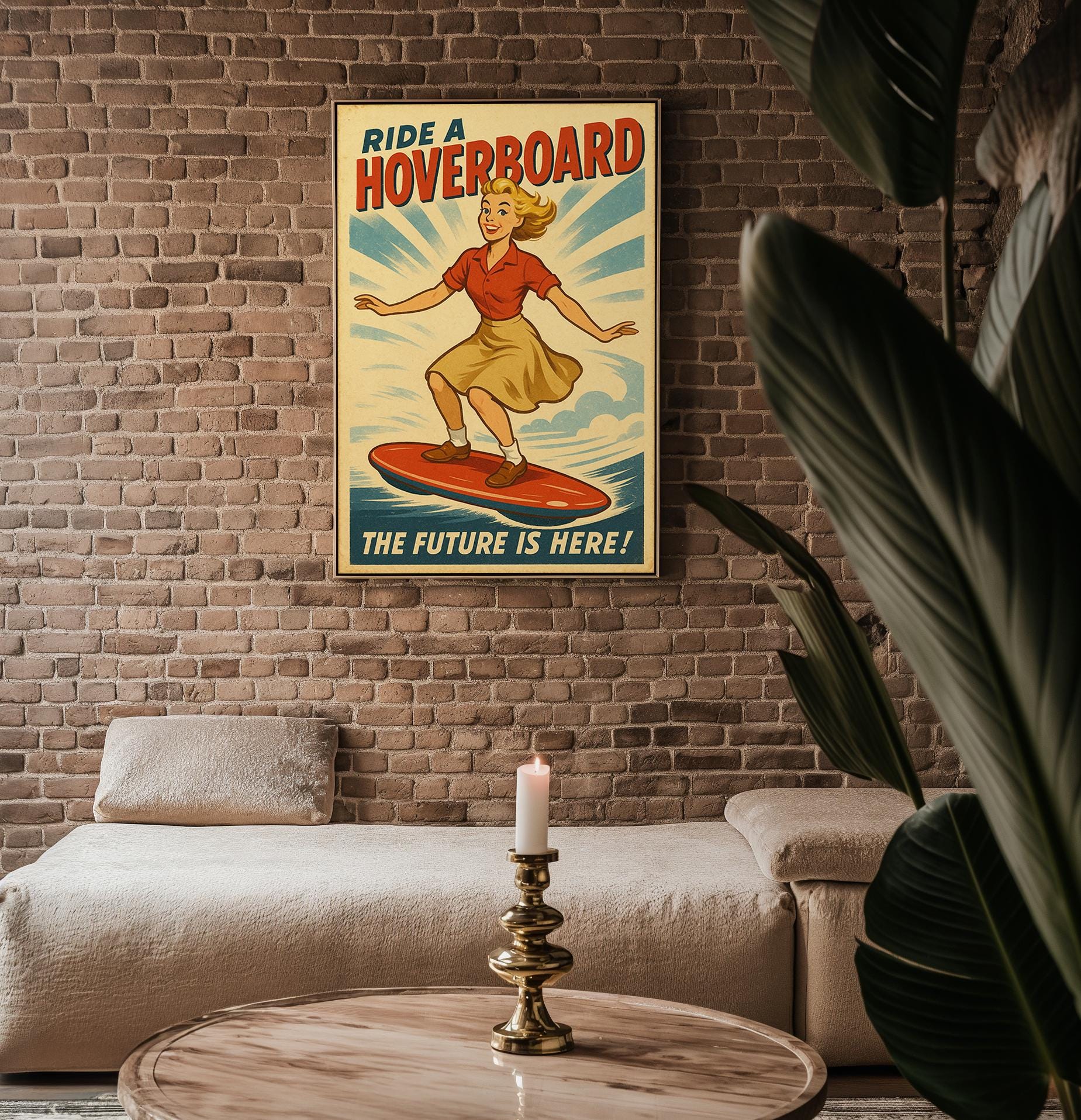 Hoverboard Girl Retro Poster – Vintage Future Ride Wall Art, Fun Sci - Fi Hoverboard Ad Print, Midcentury Adventure and Tech Decor - Just Great Posters