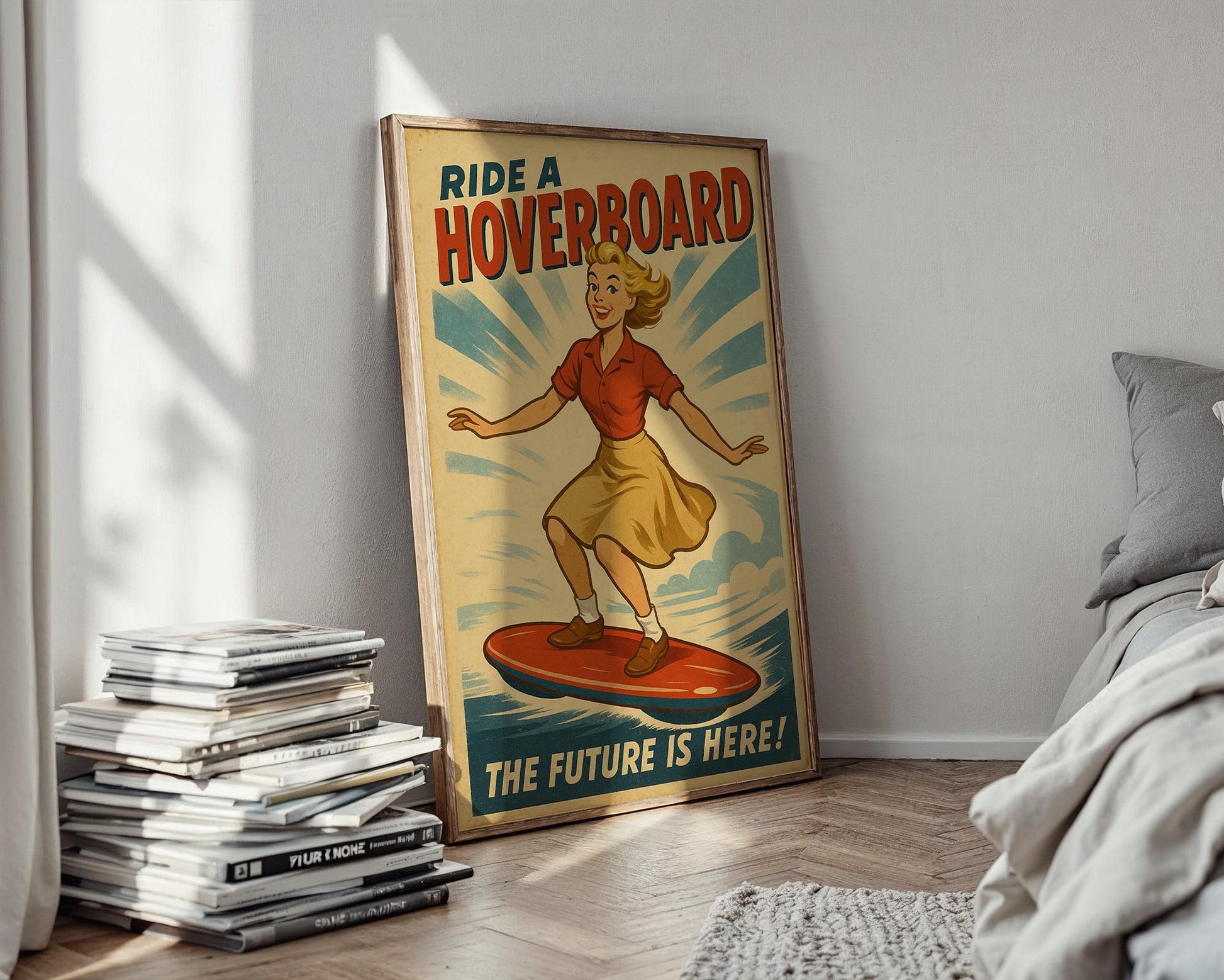 Hoverboard Girl Retro Poster – Vintage Future Ride Wall Art, Fun Sci - Fi Hoverboard Ad Print, Midcentury Adventure and Tech Decor - Just Great Posters