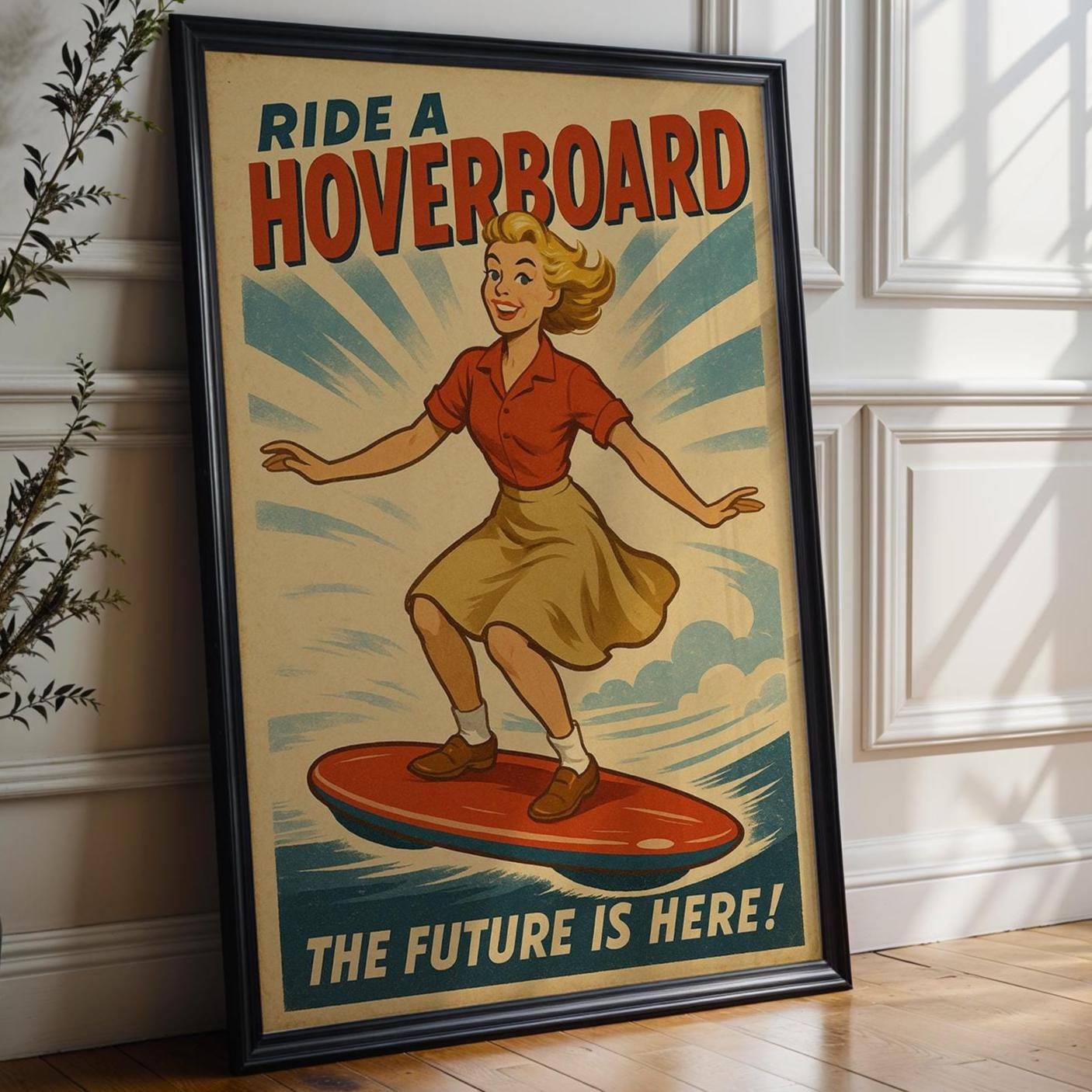 Hoverboard Girl Retro Poster – Vintage Future Ride Wall Art, Fun Sci - Fi Hoverboard Ad Print, Midcentury Adventure and Tech Decor - Just Great Posters