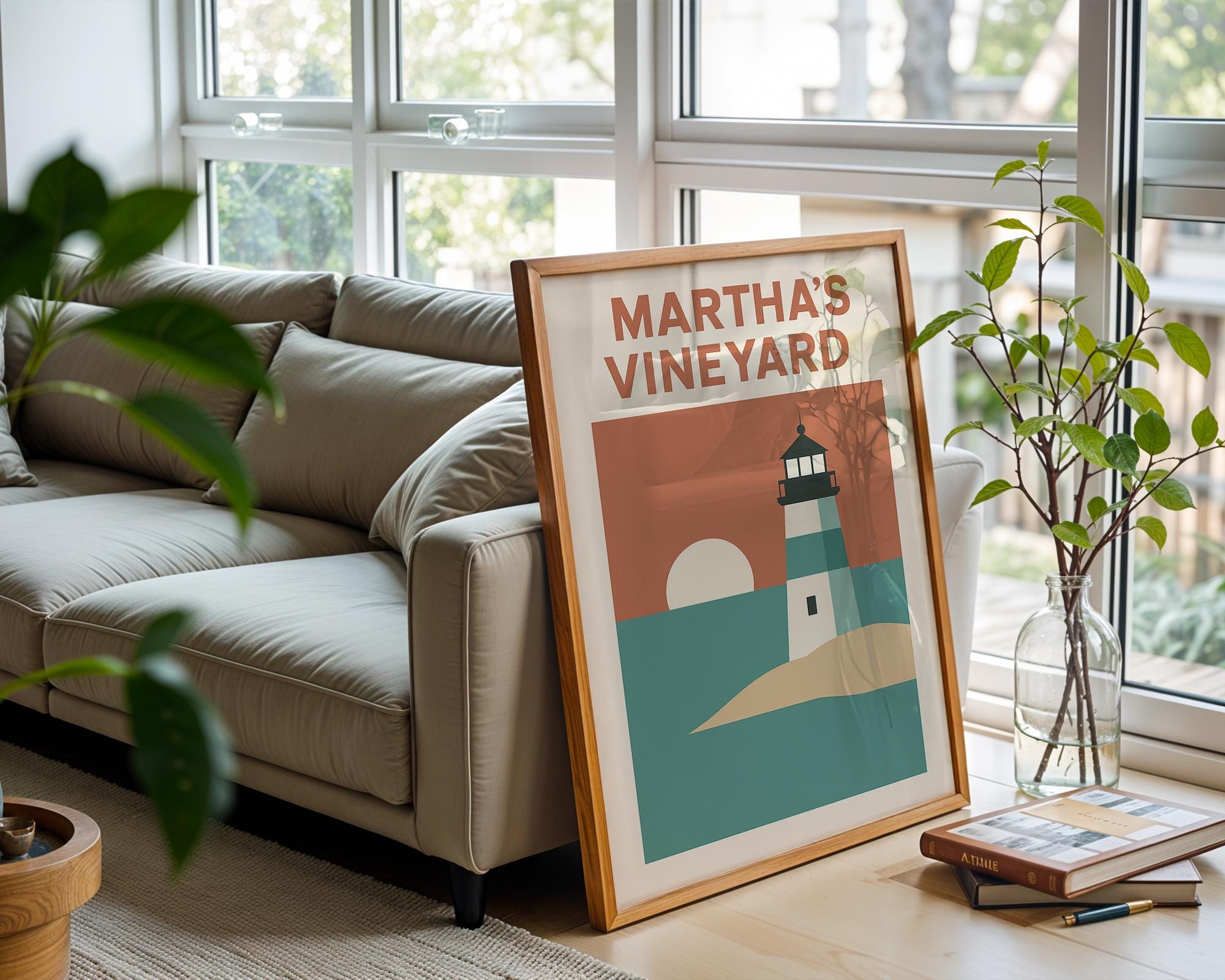 Martha’s Vineyard Poster – Minimalist Lighthouse Wall Art, Retro Coastal Travel Print, Seaside Nautical Decor for Beach House or Cottage - Just Great Posters