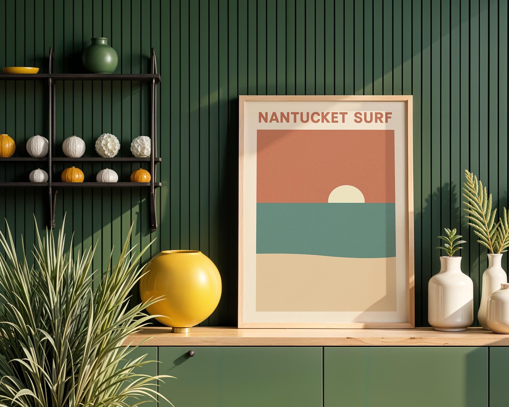 Nantucket Surf Poster – Minimalist Beach Sunset Wall Art, Retro Coastal Travel Print, Ocean Wave Decor for Beach House or Cottage - Just Great Posters