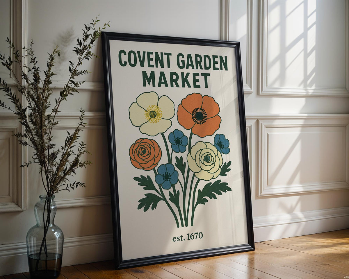 Covent Garden Market Poster – Vintage Floral Wall Art with Bold Retro Flowers, London Travel Print for Kitchen, Gallery Wall or Entryway - Just Great Posters
