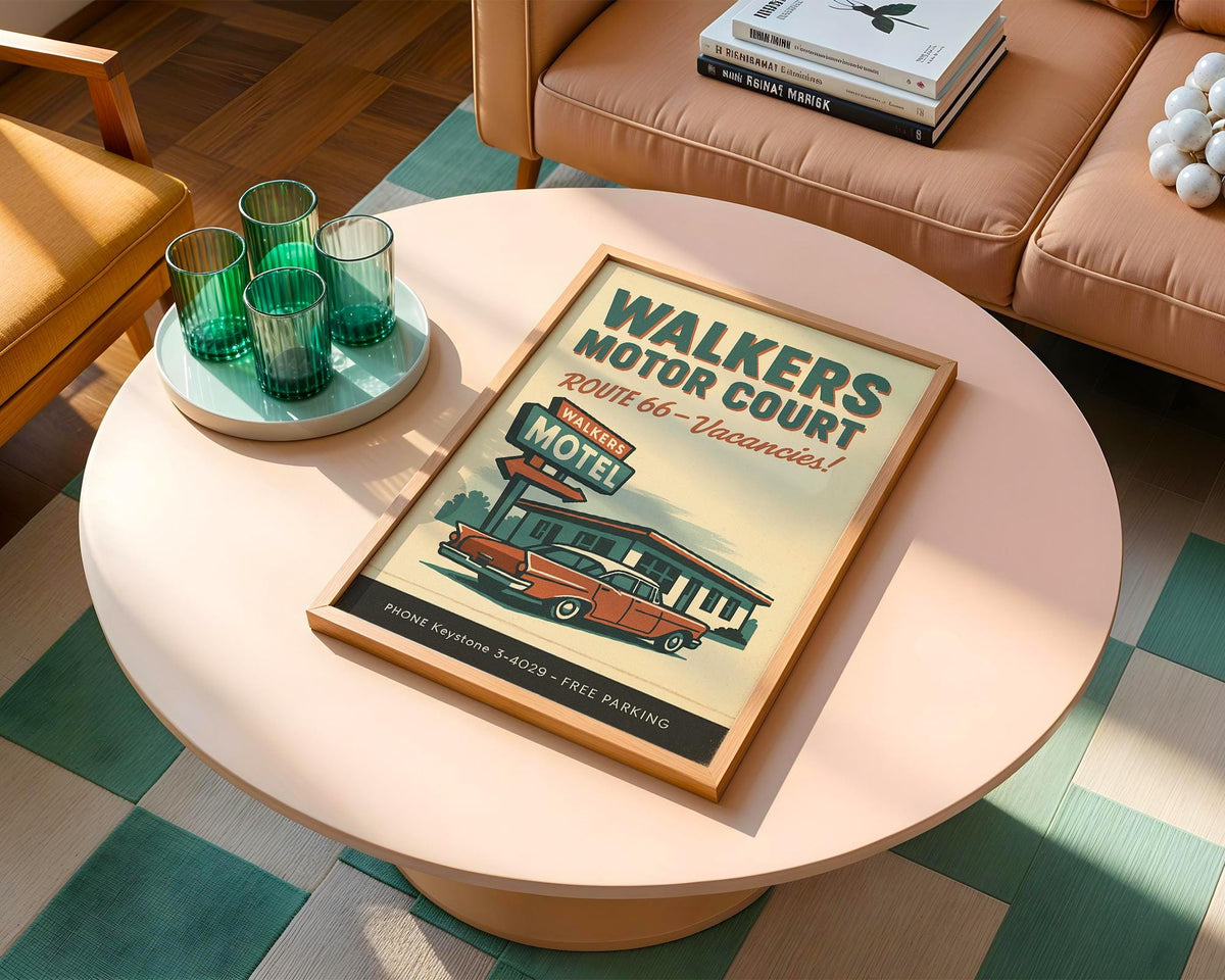 Route 66 Motel Poster – Vintage Walkers Motor Court Wall Art, Retro Road Trip Print, Bold Americana Decor for Garage, Office or Man Cave - Just Great Posters