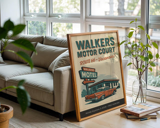 Route 66 Motel Poster – Vintage Walkers Motor Court Wall Art, Retro Road Trip Print, Bold Americana Decor for Garage, Office or Man Cave - Just Great Posters