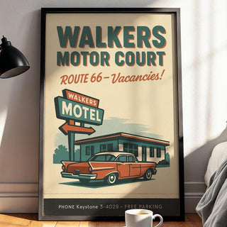 Route 66 Motel Poster – Vintage Walkers Motor Court Wall Art, Retro Road Trip Print, Bold Americana Decor for Garage, Office or Man Cave - Just Great Posters