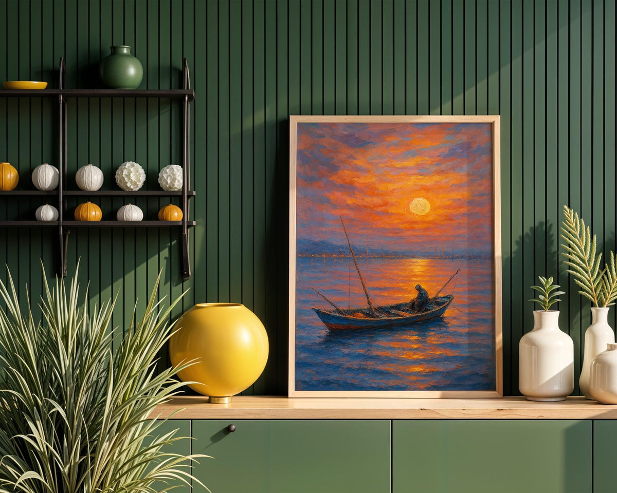 Colorful Sunset Boat Painting – Vibrant Fisherman Ocean Wall Art, Impressionist Coastal Decor for Beach Home, Office or Living Room - Just Great Posters