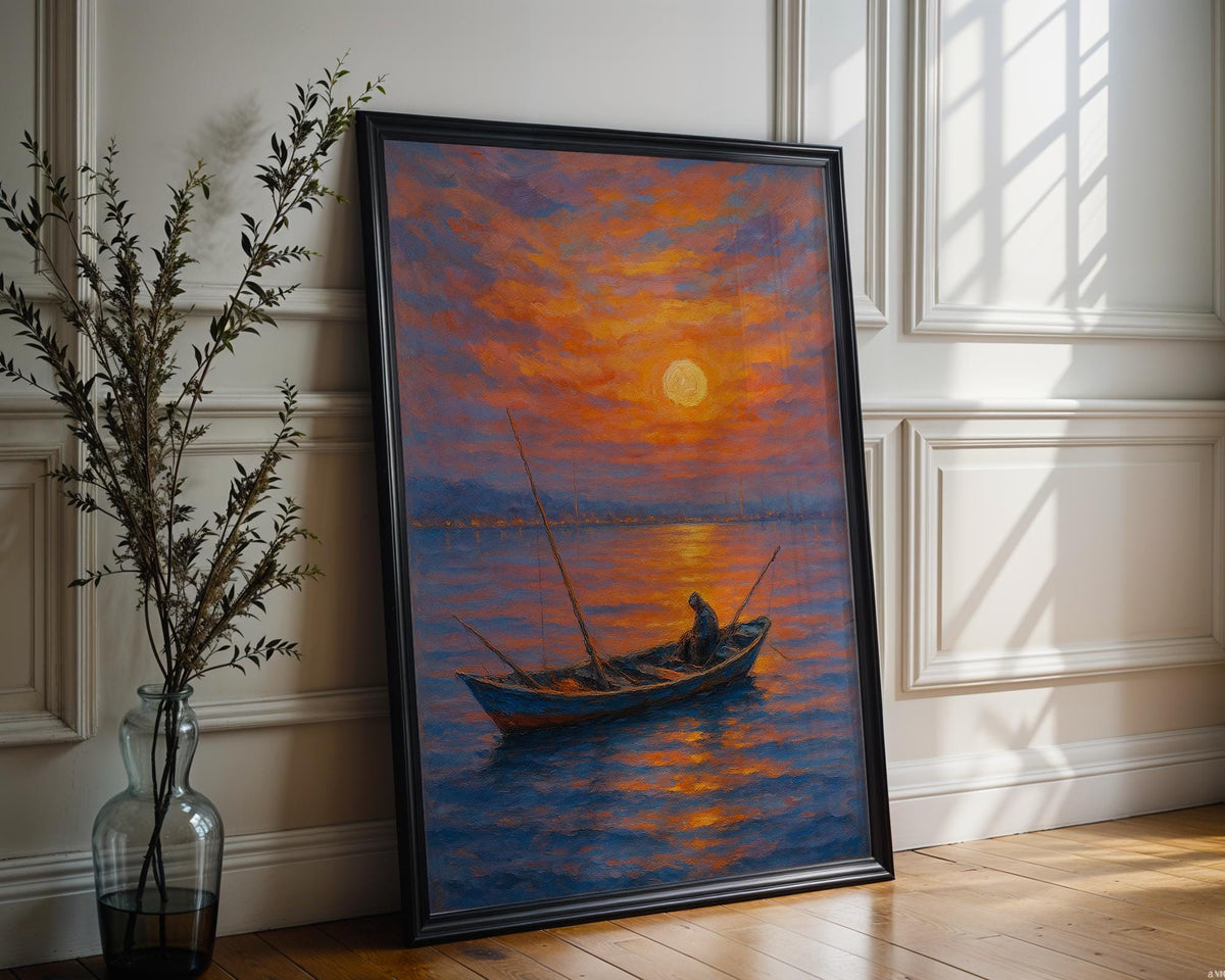 Colorful Sunset Boat Painting – Vibrant Fisherman Ocean Wall Art, Impressionist Coastal Decor for Beach Home, Office or Living Room - Just Great Posters