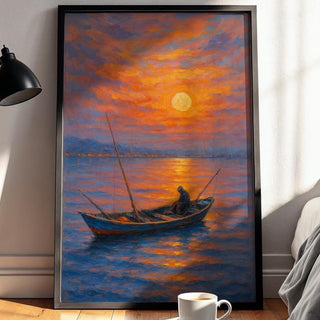 Colorful Sunset Boat Painting – Vibrant Fisherman Ocean Wall Art, Impressionist Coastal Decor for Beach Home, Office or Living Room - Just Great Posters