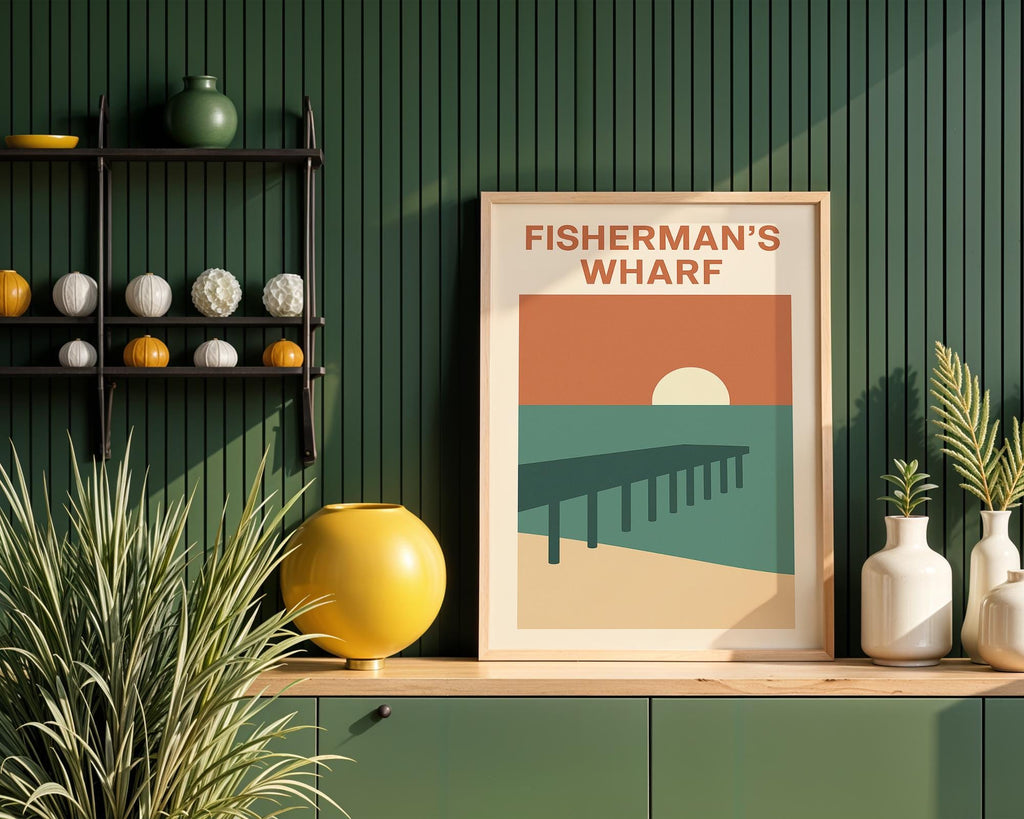 Fisherman’s Wharf Poster – Minimalist Coastal Wall Art with Pier and Sunset, Retro Beach Travel Print for Seaside Home or Nautical Decor - Just Great Posters