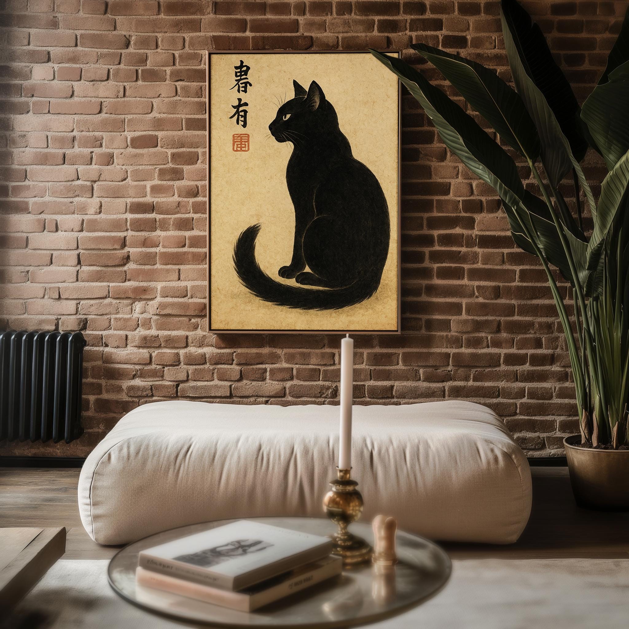 Minimalist Black Cat Japanese Poster – Vintage Ink Style Feline Wall Art, Zen Inspired Cat Print for Calm and Elegant Spaces - Just Great Posters