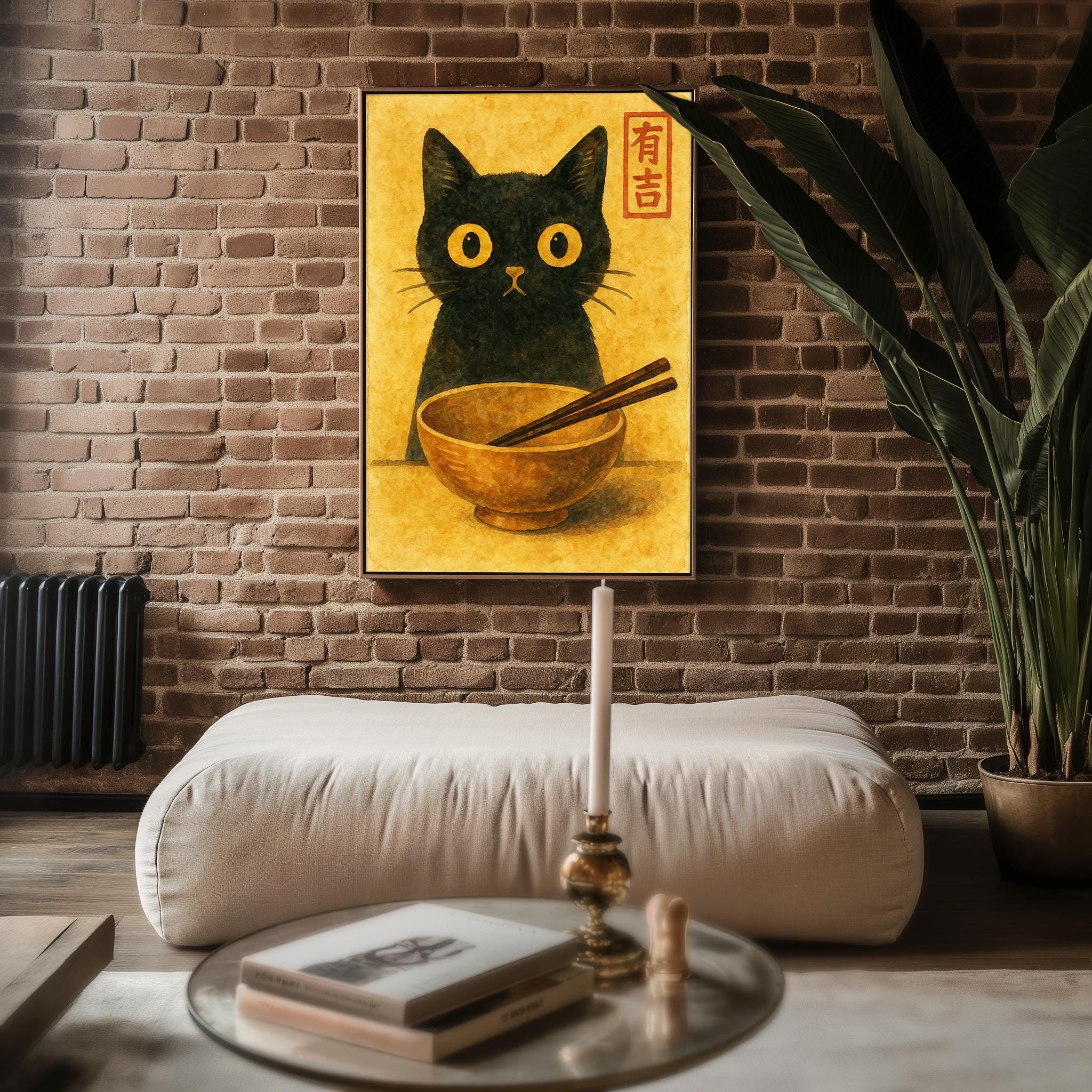 Black Cat Ramen Poster – Cute Japanese Watercolor Style Cat Wall Art, Funny Foodie Print for Kitchen, Cafe, or Cozy Home Decor - Just Great Posters