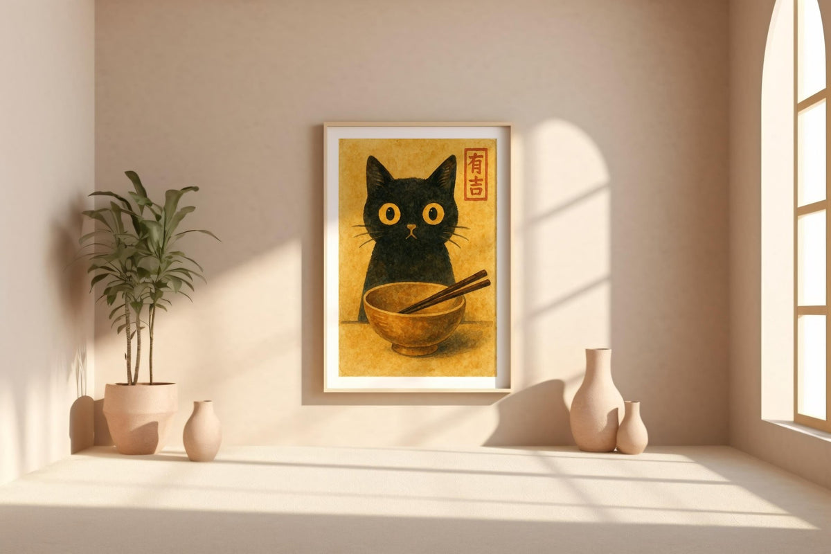 Black Cat Ramen Poster – Cute Japanese Watercolor Style Cat Wall Art, Funny Foodie Print for Kitchen, Cafe, or Cozy Home Decor - Just Great Posters