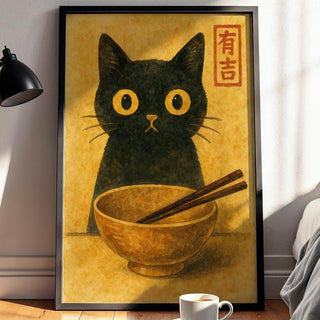 Black Cat Ramen Poster – Cute Japanese Watercolor Style Cat Wall Art, Funny Foodie Print for Kitchen, Cafe, or Cozy Home Decor - Just Great Posters