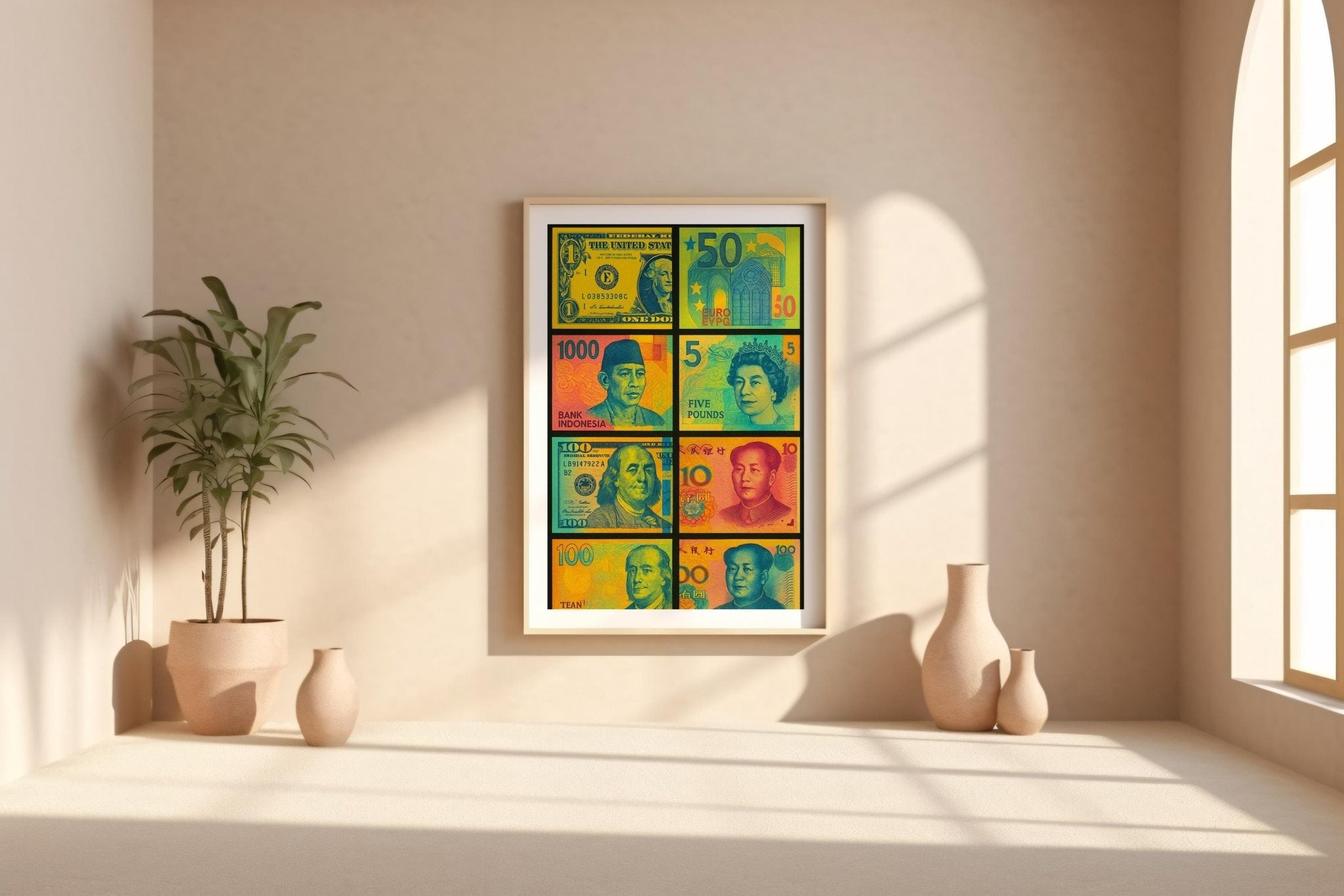Pop Art Money Poster – Global Currency Collage Print, Colorful Retro Banknote Wall Art, Modern Financial Decor for Offices or Homes - Just Great Posters