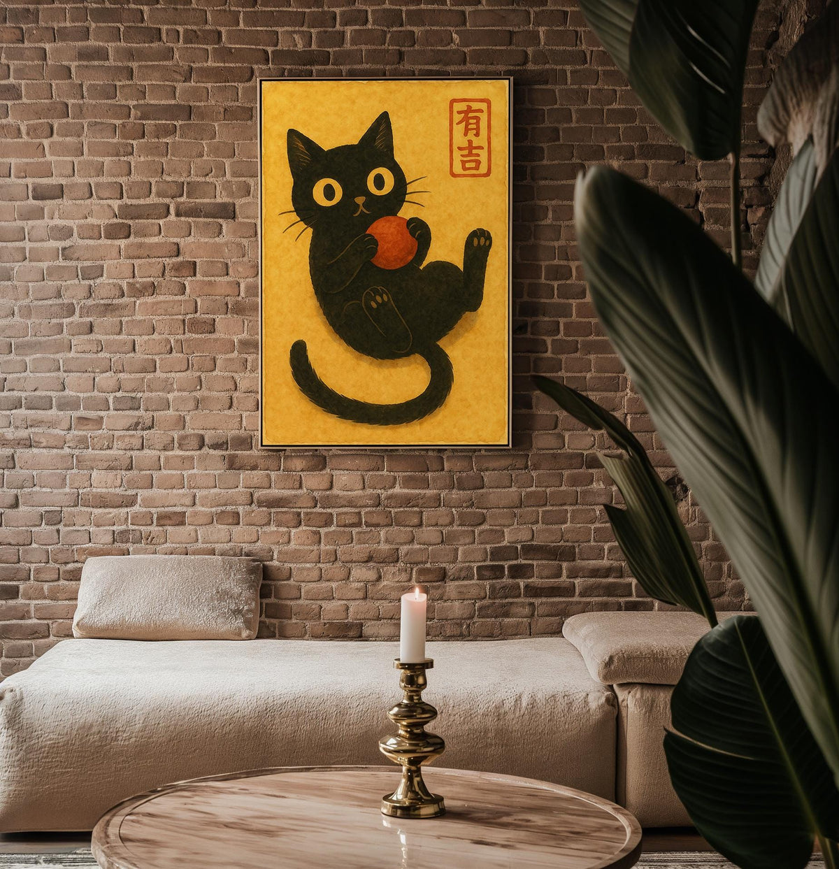 Black Cat Japanese Poster – Kawaii Watercolor Style Cat Wall Art, Cute Feline and Red Ball Print for Cozy Decor - Just Great Posters