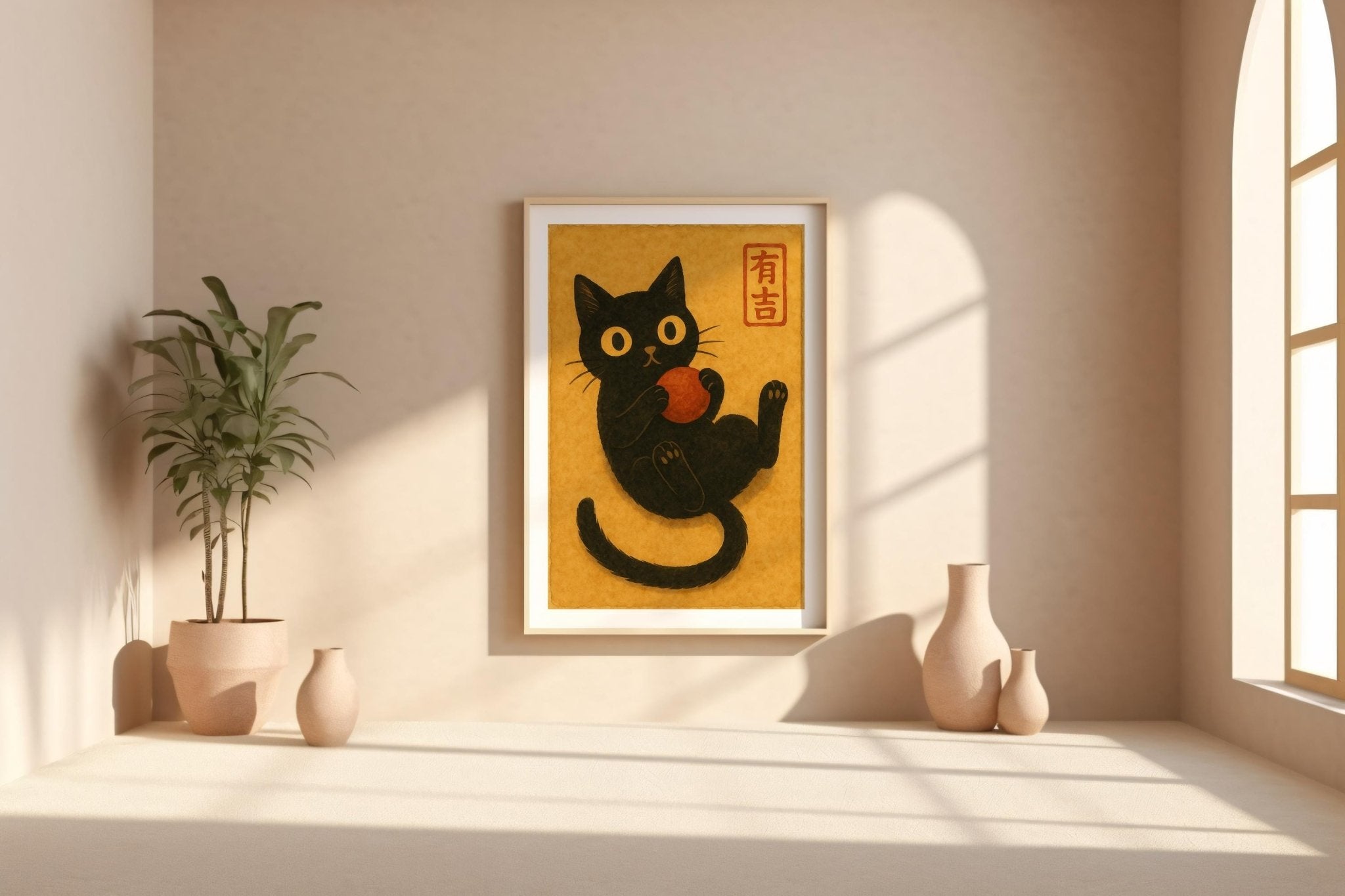 Black Cat Japanese Poster – Kawaii Watercolor Style Cat Wall Art, Cute Feline and Red Ball Print for Cozy Decor - Just Great Posters