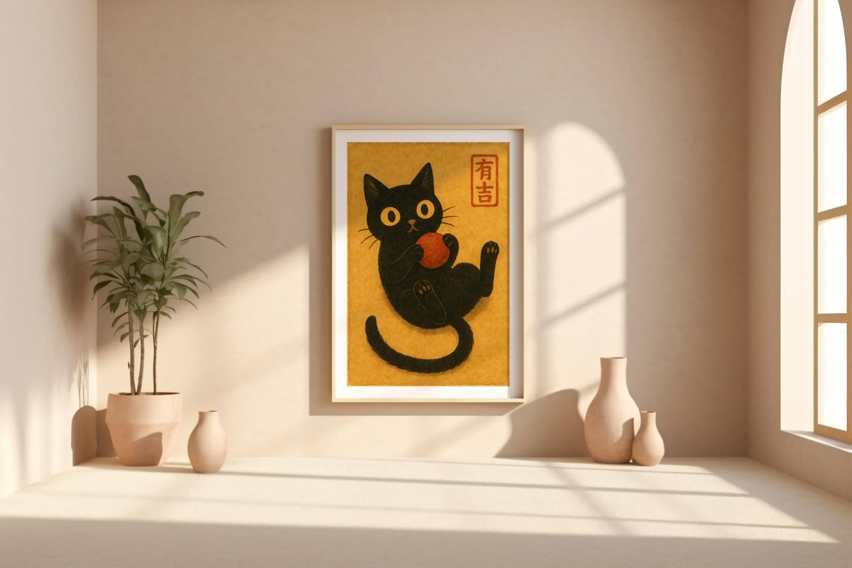 Black Cat Japanese Poster – Kawaii Watercolor Style Cat Wall Art, Cute Feline and Red Ball Print for Cozy Decor - Just Great Posters