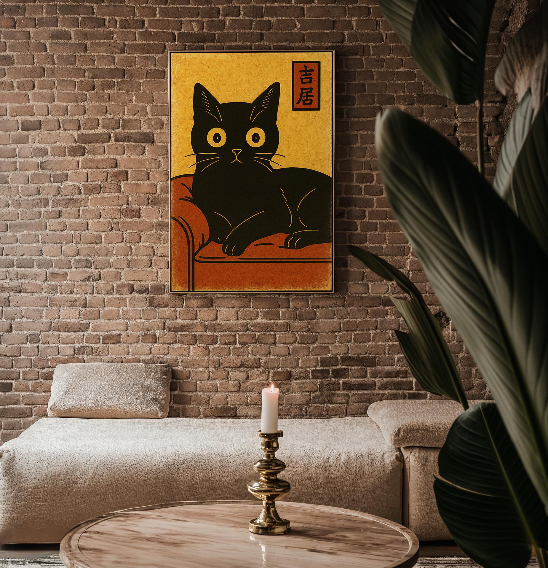 Black Cat Couch Poster – Vintage Japanese Minimalist Style Feline Wall Art, Retro Zen Cat Print for Calm, Cozy, or Cat - Lover Decor - Just Great Posters