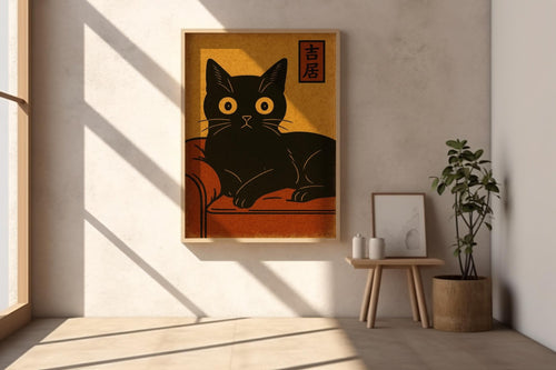Black Cat Couch Poster – Vintage Japanese Minimalist Style Feline Wall Art, Retro Zen Cat Print for Calm, Cozy, or Cat - Lover Decor - Just Great Posters