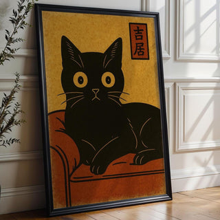 Black Cat Couch Poster – Vintage Japanese Minimalist Style Feline Wall Art, Retro Zen Cat Print for Calm, Cozy, or Cat - Lover Decor - Just Great Posters