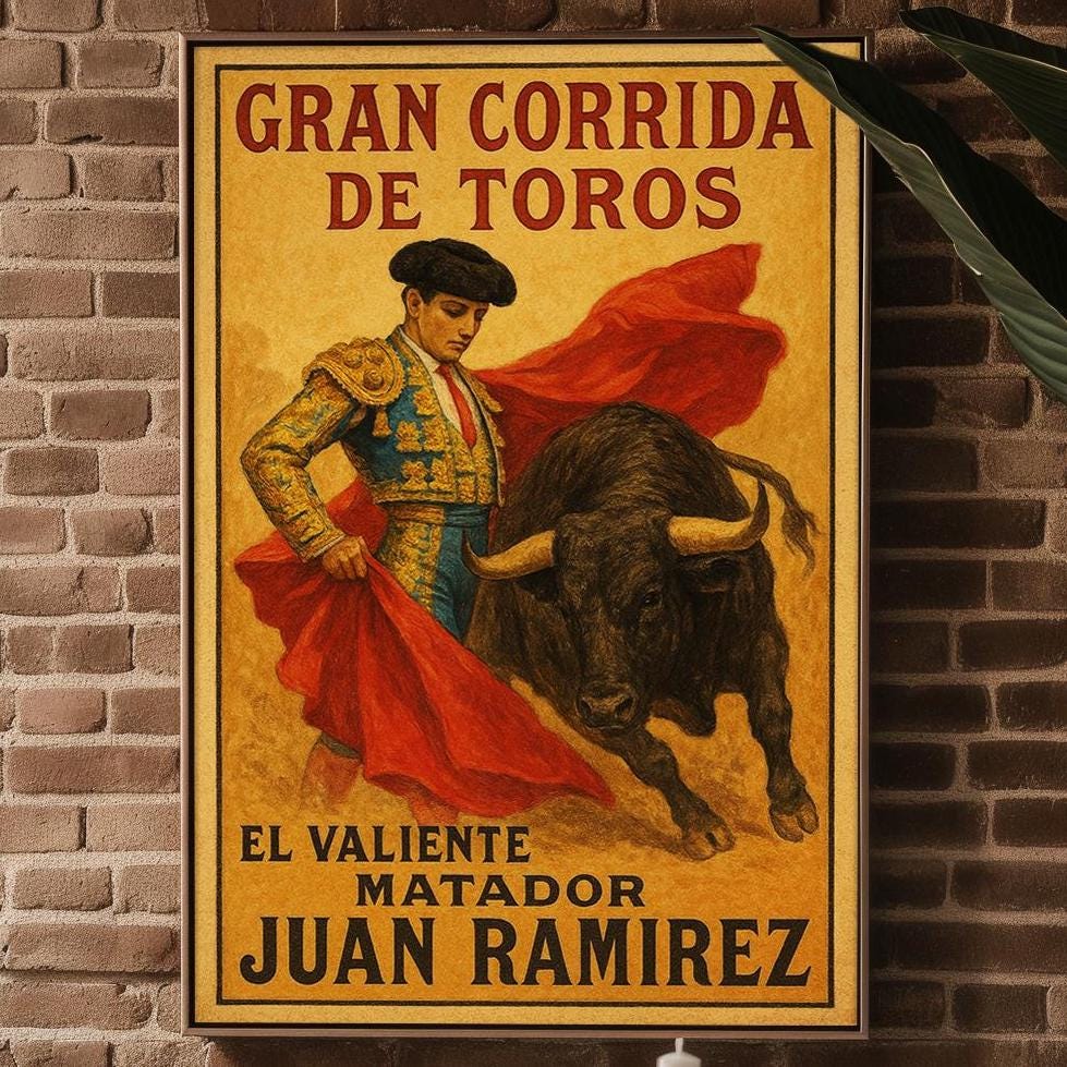 Framed 'Gran Corrida de Toros' matador poster with red cape and charging bull, leaning against a brick wall