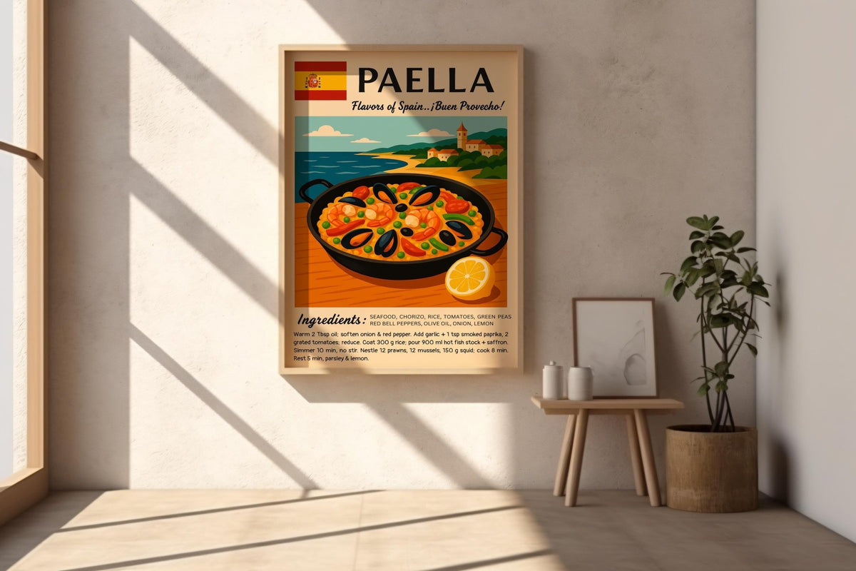 Spanish Paella Poster Print – Colorful Vintage Recipe Wall Art, Spanish Kitchen Decor, Mediterranean Food Art - Just Great Posters