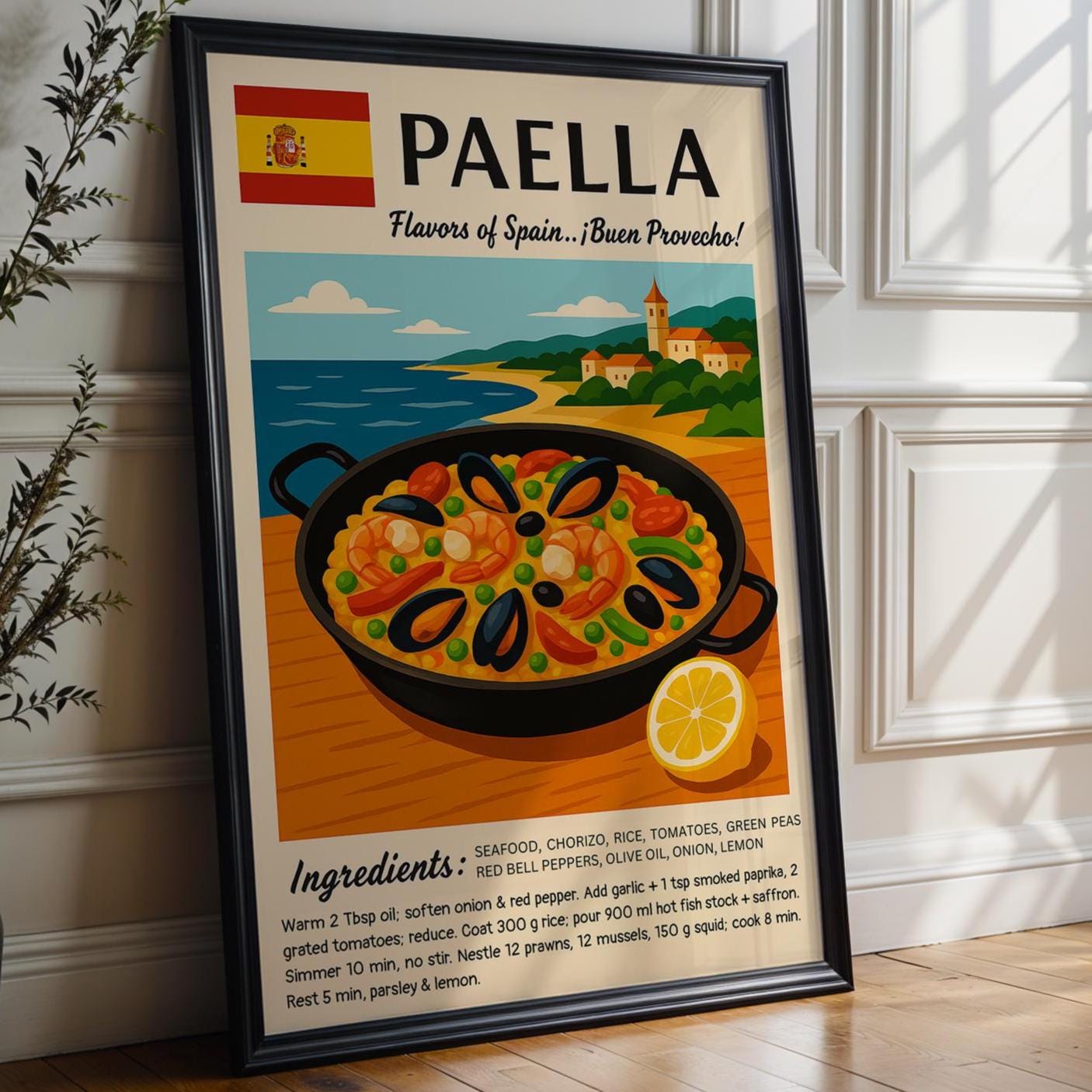 Spanish Paella Poster Print – Colorful Vintage Recipe Wall Art, Spanish Kitchen Decor, Mediterranean Food Art - Just Great Posters